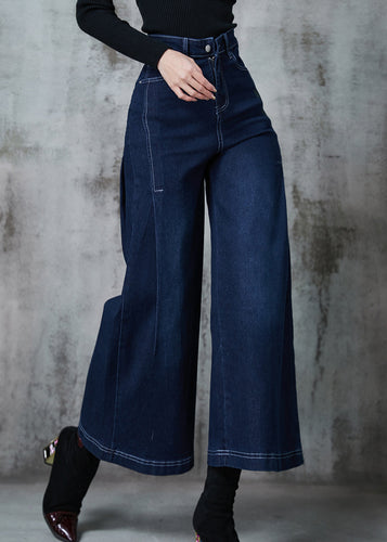 Classy Navy Embroidered Denim Wide Leg Pants Summer