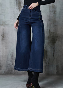 Classy Navy Embroidered Denim Wide Leg Pants Summer