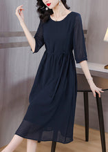 Load image into Gallery viewer, Classy Navy O Neck Drawstring Chiffon Dress Summer