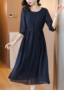 Classy Navy O Neck Drawstring Chiffon Dress Summer