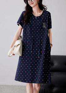 Classy Navy Print Drawstring Cotton Dresses Summer