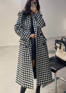 Classy Notched Pockets Double Breast Plaid Woolen Coat Fall