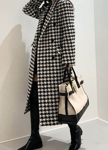 Classy Notched Pockets Double Breast Plaid Woolen Coat Fall