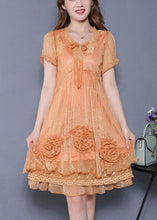 Load image into Gallery viewer, Classy Orange Floral Silk Holiday Dress Summer