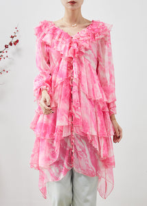 Classy Pink Asymmetrical Tie Dye Chiffon Dress Summer