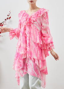 Classy Pink Asymmetrical Tie Dye Chiffon Dress Summer