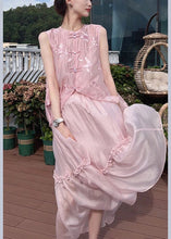 Load image into Gallery viewer, Classy Pink Embroidered Ruffled Button Cotton Two Pieces Set Sleeveless