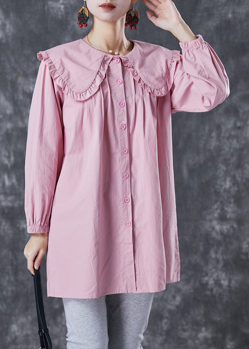 Classy Pink Peter Pan Collar Cotton Shirt Top Spring