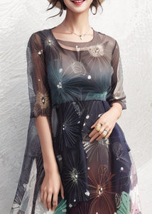 Classy Print High Waist Silk Dresses Half Sleeve