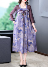 Load image into Gallery viewer, Classy Purple Lace Up Print Patchwork Silk Dress Half Sleeve