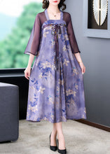 Load image into Gallery viewer, Classy Purple Lace Up Print Patchwork Silk Dress Half Sleeve