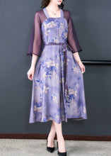 Load image into Gallery viewer, Classy Purple Lace Up Print Patchwork Silk Dress Half Sleeve