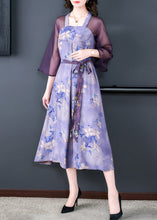 Load image into Gallery viewer, Classy Purple Lace Up Print Patchwork Silk Dress Half Sleeve