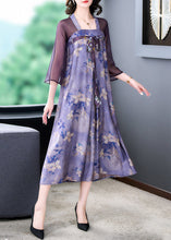 Load image into Gallery viewer, Classy Purple Lace Up Print Patchwork Silk Dress Half Sleeve