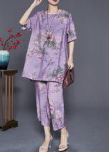 Load image into Gallery viewer, Classy Purple Oversized Print Linen Two Pieces Set Summer