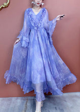 Load image into Gallery viewer, Classy Purple V Neck Ruffled Print Silk Dress Butterfly Sleeve