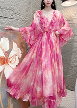 Load image into Gallery viewer, Classy Purple V Neck Ruffled Print Silk Dress Butterfly Sleeve