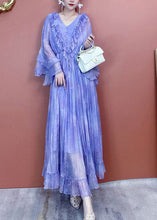 Load image into Gallery viewer, Classy Purple V Neck Ruffled Print Silk Dress Butterfly Sleeve