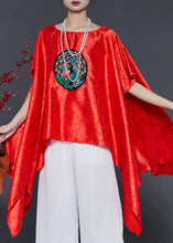 Load image into Gallery viewer, Classy Red Asymmetrical Embroidered Silk Blouses Summer