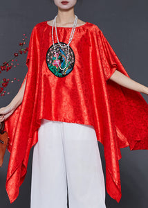 Classy Red Asymmetrical Embroidered Silk Blouses Summer