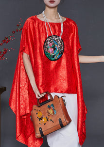 Classy Red Asymmetrical Embroidered Silk Blouses Summer