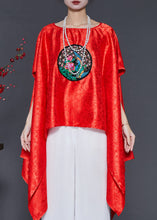 Load image into Gallery viewer, Classy Red Asymmetrical Embroidered Silk Blouses Summer