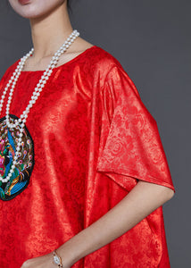 Classy Red Asymmetrical Embroidered Silk Blouses Summer