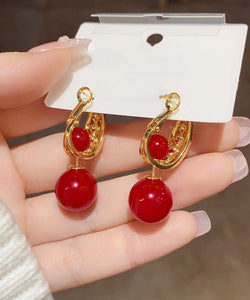 Classy Red Copper Overgild Pearl Zircon Ball Drop Earrings