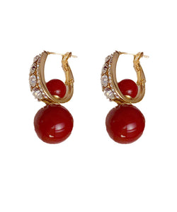 Classy Red Copper Overgild Pearl Zircon Ball Drop Earrings