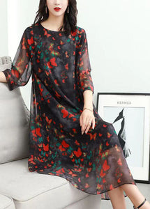 Classy Red O Neck Print Patchwork Chiffon Mid Dress Summer