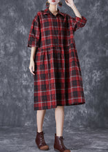 Load image into Gallery viewer, Classy Red Oversized Plaid Linen Shirt Dress Summer