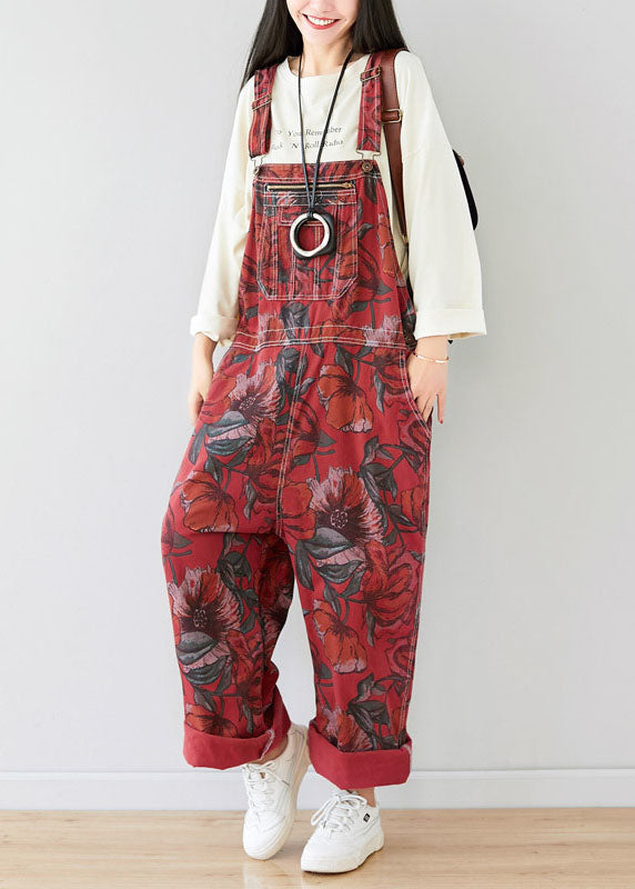 Classy Red Oversized Print Original Design Cotton Jumpsuit Spring