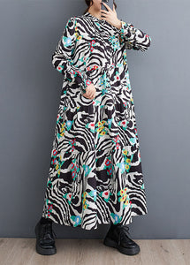 Classy Stand Collar Print Patchwork Wrinkled Maxi Dress Fall