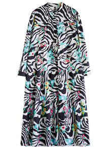 Classy Stand Collar Print Patchwork Wrinkled Maxi Dress Fall