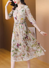 Load image into Gallery viewer, Classy V Neck Print Ruffled Drawstring Silk Dress Summer