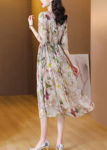 Classy V Neck Print Ruffled Drawstring Silk Dress Summer