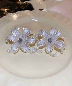 Classy White Acrylic Zircon Floral Stud Earrings