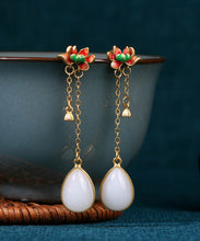 Load image into Gallery viewer, Classy White Sterlign Silver Overgild Jade Enamel Drip Glaze Lotus Tassel Drop Earrings