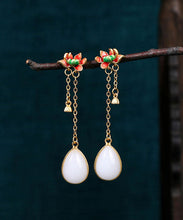 Load image into Gallery viewer, Classy White Sterlign Silver Overgild Jade Enamel Drip Glaze Lotus Tassel Drop Earrings