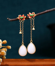 Load image into Gallery viewer, Classy White Sterlign Silver Overgild Jade Enamel Drip Glaze Lotus Tassel Drop Earrings