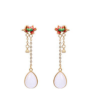 Load image into Gallery viewer, Classy White Sterlign Silver Overgild Jade Enamel Drip Glaze Lotus Tassel Drop Earrings