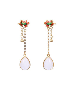 Classy White Sterlign Silver Overgild Jade Enamel Drip Glaze Lotus Tassel Drop Earrings