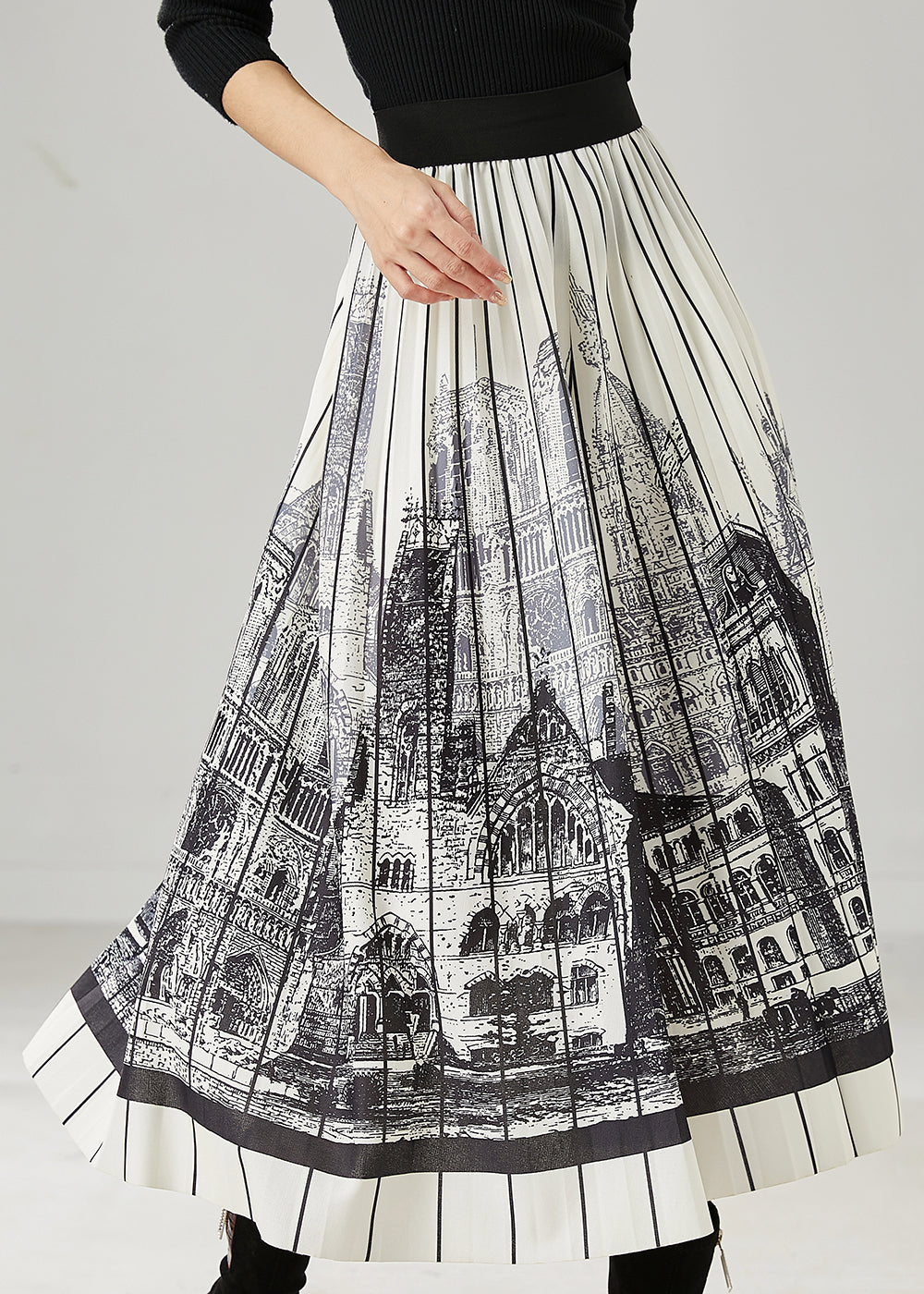 Classy White Striped Print Chiffon Pleated Skirts Summer