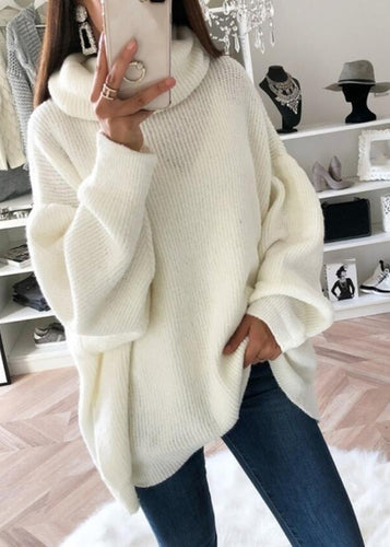 Classy White Turtleneck Cozy Cotton Knit Sweater Tops Fall