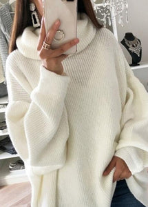 Classy White Turtleneck Cozy Cotton Knit Sweater Tops Fall