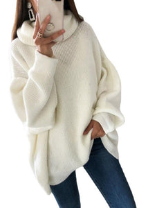 Classy White Turtleneck Cozy Cotton Knit Sweater Tops Fall