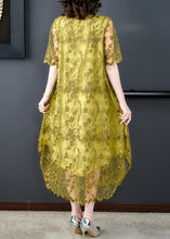 Load image into Gallery viewer, Classy Yellow O-Neck Print Tulle Long Dress Short Sleeve