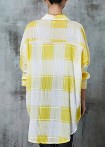 Classy Yellow Oversized Plaid Cotton UPF 50+ Tops Spring