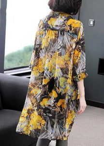 Classy Yellow Peter Pan Collar Print Patchwork Chiffon Shirts Top Summer