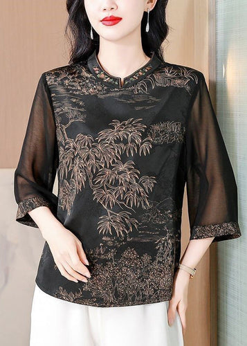 Coffee Embroidered Print Silk Shirt Stand Collar Summer